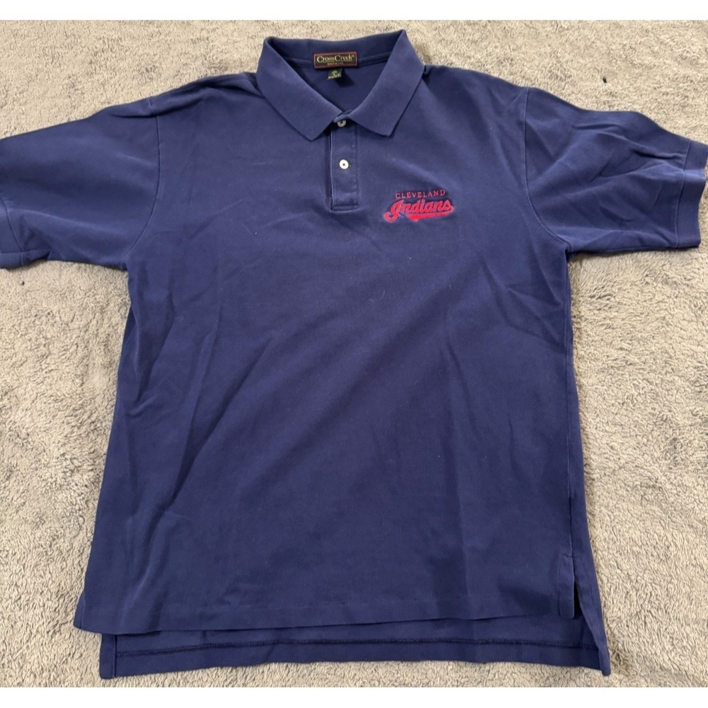 Cleveland Indians Polo Shirt Mens L Blue Cross Creek Spellout USA Made Vintage